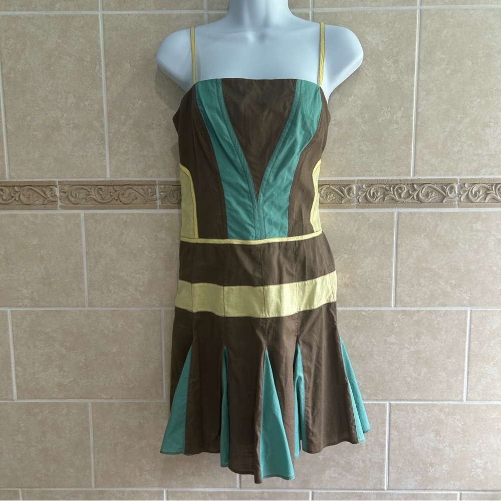 BCBGMaxAzria Brown, Teal & Yellow Mini Dress